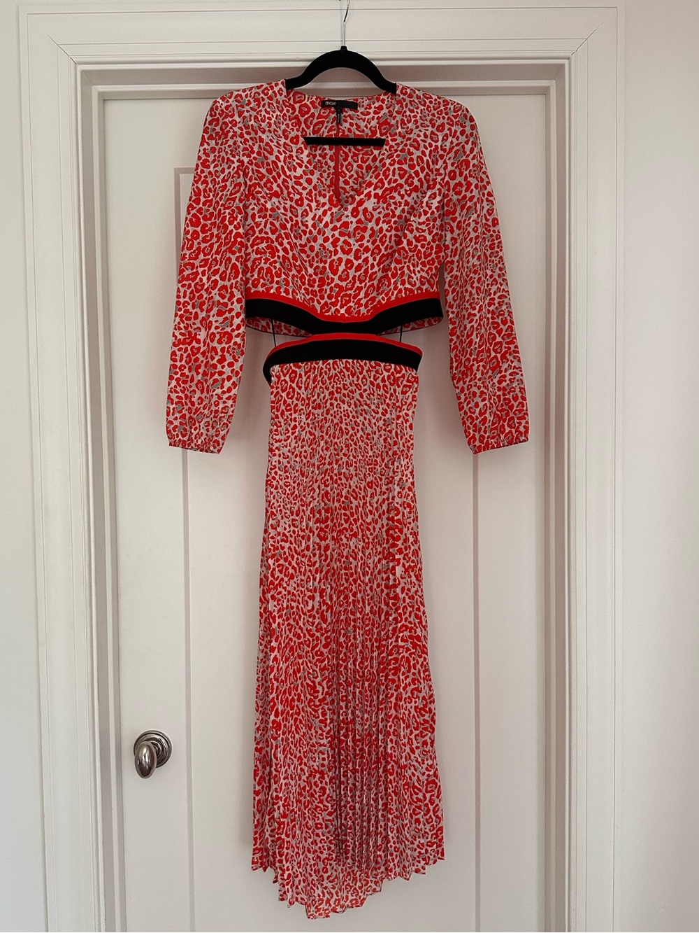 Maje Romilda Animal Print Midi Long Sleeve Cut Out Dress